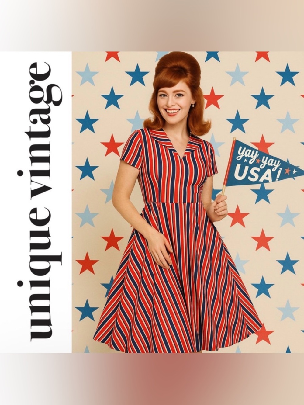 Unique Vintage Orchid Bloom 60s Red & Blue Striped Fit & Flare Swing Dress, NWT!